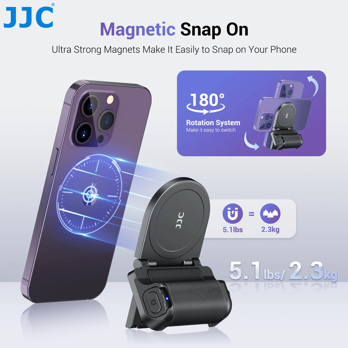 JJC Magnetic Snapgrip Phone Hand Grip Magsafe Handheld Bluetooth Remote Control Handle Shutter Phone Tripod Mount for Vlog