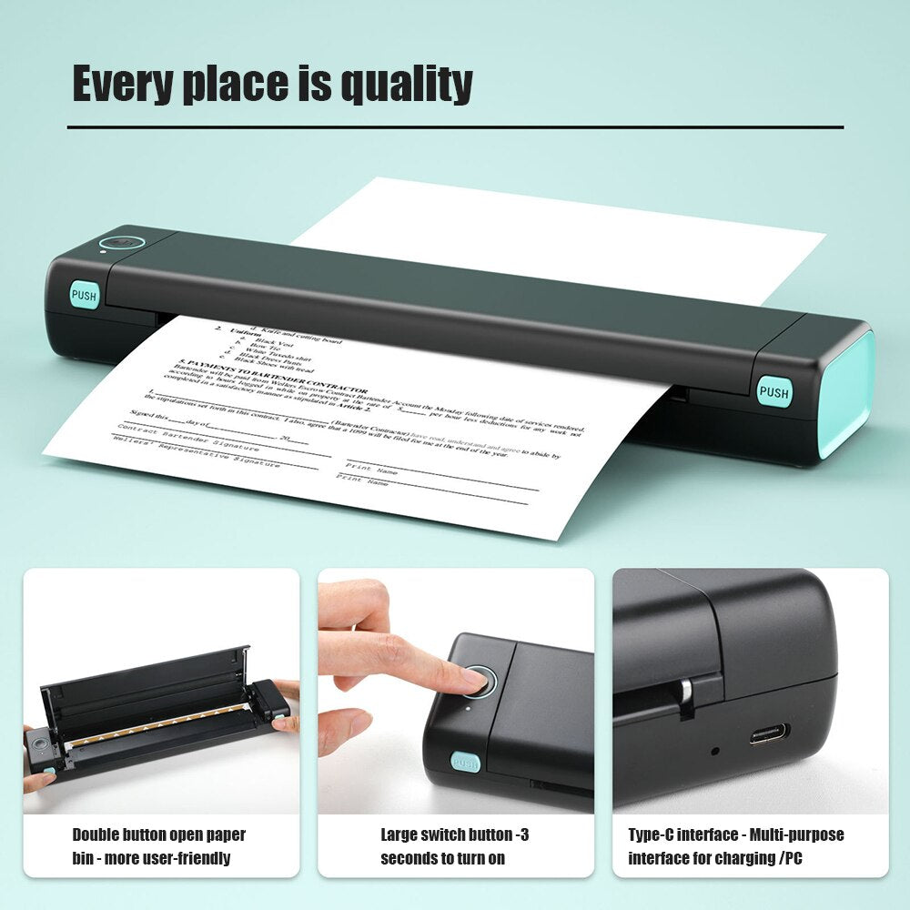 Portable Printer Bluetooth Professional A4 Paper Compatible with Android and IOS